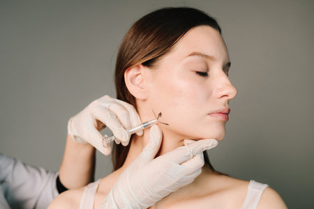 Contouring of the corners of the jaw. Professional beauty treatment. Correcting shape of the cheekbones. Correction of the jaw with fillersの写真素材