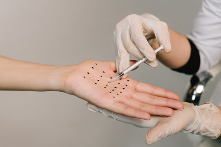 Markup of the hyperhidrosis treatment. Care of palm sweating. Marking dotes for filler injection on the palm of a patient against hyperhidrosisの写真素材