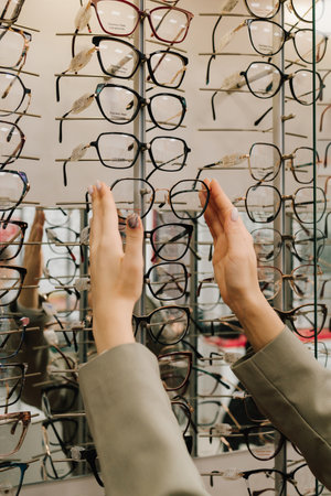 Customer chooses eyeglasses with clear lenses from the shelf. Eyesight correction. Stand of...