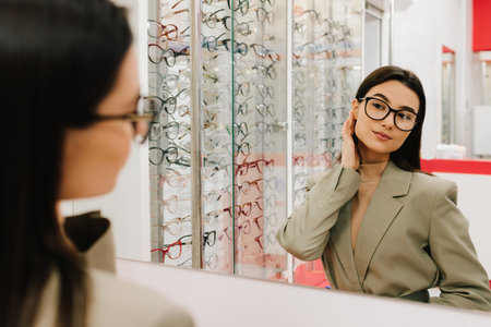 Woman tries and choose eyeglasses at optician corner in the shopping mall. Choosing eye glasses with transparent lenses in the optical storeの写真素材