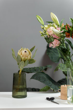 Making protea bouquet for the delivery. Preparation flowers for making composition. Florist is holding a protea flower and cutting stalk of the flower in the floral studioの写真素材