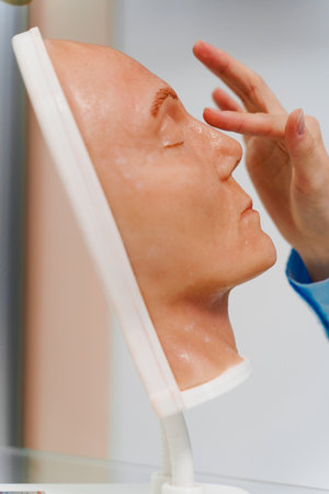 Rhinoplasty nose example on human face to demonstrate surgery. Demonstrating rhinoplasty procedure on a mannequin in the medical plastic clinicの写真素材