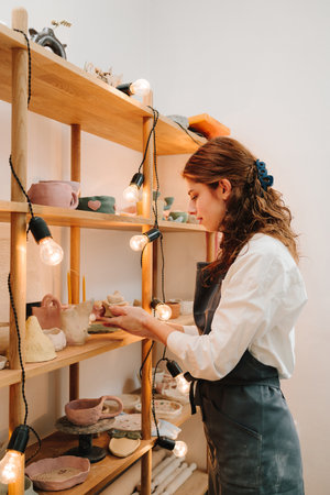 Handmade pottery earthenware on wooden shelves decorated with cozy lights in the ceramic studioの写真素材