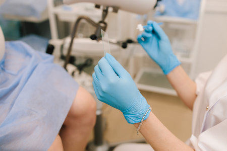 Gynecologist consulates and takes smear analysis for PAP of pregnant patient in the maternity...