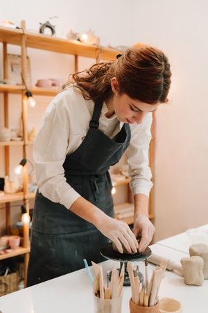 Hands shaping clay into dish in the craft studio close-up. Artisan sculpts ceramic bowl using...