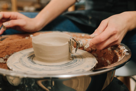 Creating ceramic earthenware on the manufacturing. Artisan forms clay pot with potters tool on the spinning wheelの写真素材