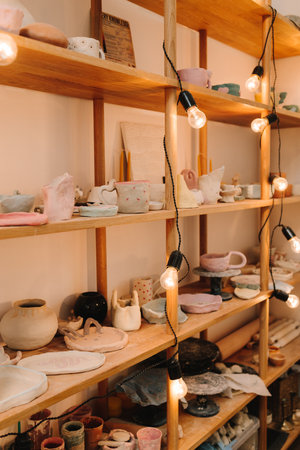 Shelf with handmade clay cups and plates in the pottery studio. Creating ceramics ware with own handsの写真素材