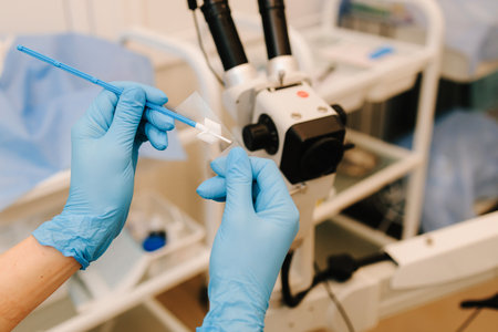 Gynecologist prepares vaginal smear for bacterial examination. Preparing gynecological equipment for...