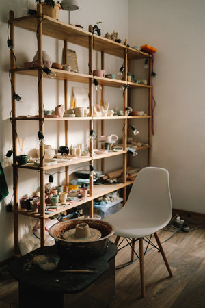 Creating ceramics ware with own hands. Shelf with handmade clay cups and plates in the pottery studioの写真素材