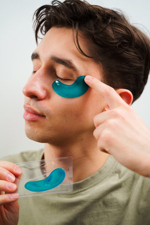 Young man with sensitive skin wears hydrogel patches under his eyes. Male skincare routine at homeの写真素材