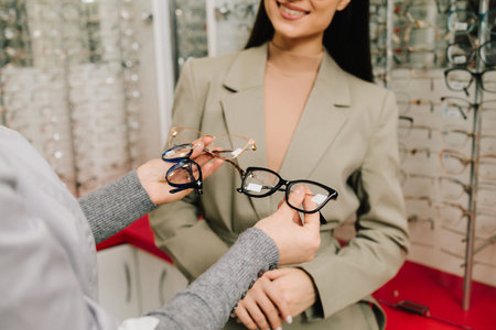 Ophthalmologist helps patient to choose right eyeglasses. Ophthalmologist consults a female client about glasses in an optician shopの写真素材