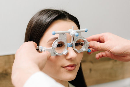 Girl in trial frame glasses on white background. Ophthalmologist examination for selection of trial glasses frame to examine eye visual system of girl with short or long power visionの写真素材