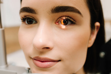 Ophthalmologist illuminates eye of patient with light from slit lamp to diagnose the eyes and cornea. Ophthalmologist with slit lamp examines eyes and cornea of womanの写真素材