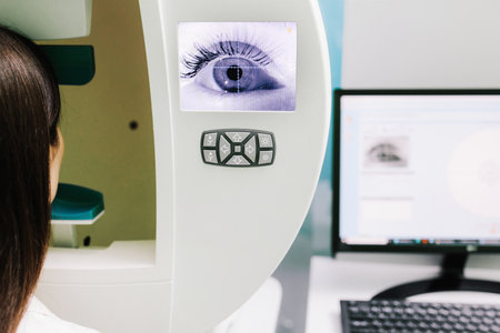 Perimetry eye test for early signs of glaucoma in women at an ophthalmology clinic, measuring full eyesight including peripheral visionの写真素材