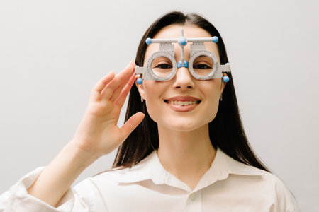 Ophthalmologist examination for selection of trial glasses frame to examine eye visual system of girl with short or long power vision. Girl in trial frame glasses on white backgroundの写真素材