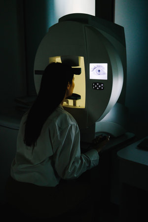 Early glaucoma detection through perimetry testing at an ophthalmology clinic. Perimetry visual field test helps detect early glaucoma by assessing complete eyesight, including peripheral visionの写真素材