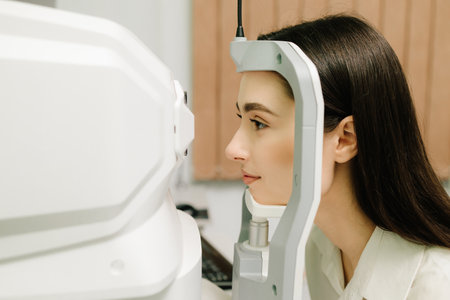 Optical coherence tomography OCT scan to create pictures of the back of eye. Examination of eyes of patient using optical coherence tomograph. Ophthalmologist is scanning cornea of girl patientの写真素材