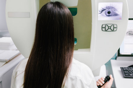 Perimetry eyes test for early sign of glaucoma of woman patient of ophthalmology clinic. Perimetry visual field test for measure all areas of eyesight, including side, or peripheral visionの写真素材