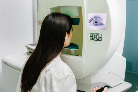Perimetry eyes test for early sign of glaucoma of woman patient of ophthalmology clinic. Perimetry visual field test for measure all areas of eyesight, including side, or peripheral visionの写真素材