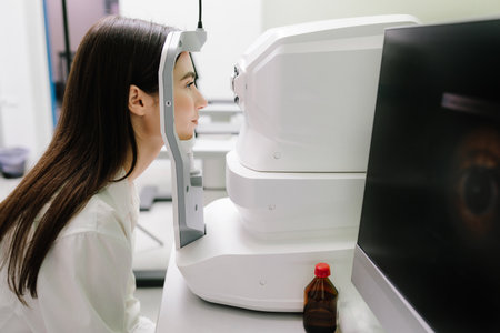 Examination of eyes of patient using optical coherence tomograph. Ophthalmologist is scanning cornea...