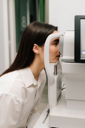 Retinal scans on display, assisting in early diagnosis of eye diseases. Girl undergoes an OCT eye exam using advanced optical coherence tomography equipmentの写真素材