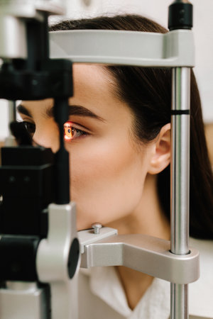 Girl is visiting ophthalmologist for eyes examination. Ophthalmology procedure with slit lamp for...