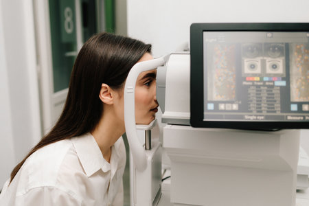 Girl undergoes an OCT eye exam using advanced optical coherence tomography equipment. The...