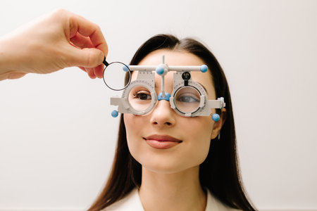 Trial frame glasses to determine the correct prescription lenses. Girl is wearing trial frame glasses for eye exam vision test by ophthalmologistの写真素材