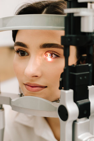 Ophthalmologist illuminates eye of patient with light from slit lamp to diagnose the eyes and cornea. Ophthalmologist with slit lamp examines eyes and cornea of womanの写真素材
