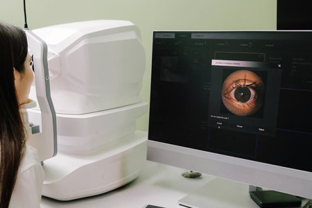Optical coherence tomography OCT scan to create pictures of the back of eye. Examination of eyes of patient using optical coherence tomograph. Ophthalmologist is scanning cornea of girl patientの写真素材