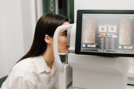 Retinal scans on display, assisting in early diagnosis of eye diseases. Girl undergoes an OCT eye exam using advanced optical coherence tomography equipmentの写真素材