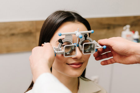 Girl is wearing trial frame glasses for eye exam vision test by ophthalmologist. Trial frame glasses to determine the correct prescription lensesの写真素材