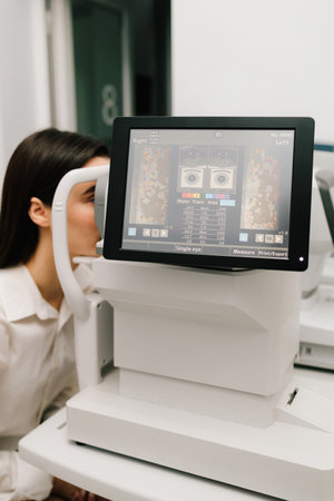 Girl undergoes an OCT eye exam using advanced optical coherence tomography equipment. The high-resolution display shows retinal scans, assisting in early diagnosis of eye diseasesの写真素材