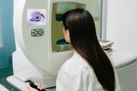 Perimetry visual field test for measure all areas of eyesight, including side, or peripheral vision. Perimetry eyes test for early sign of glaucoma of woman patient of ophthalmology clinicの写真素材