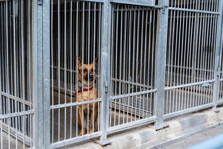 Shelter life of brown dog. Abandoned dog in rescue shelter, brown fur, loyal heart. Adopt, rescue, love. Dog behind bars in animal shelter, hoping for adoption. Homeless brown dog in kennelの写真素材