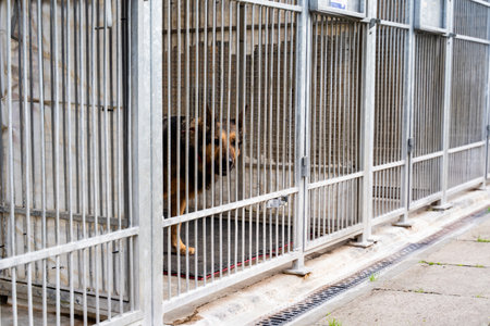 Dog behind bars in animal shelter, hoping for adoption. Homeless brown dog in kennel. Shelter life of brown dog. Abandoned dog in rescue shelter, brown fur, loyal heart. Adopt, rescue, loveの写真素材