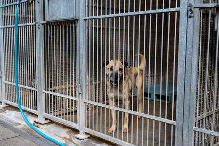 Dog behind bars in animal shelter, hoping for adoption. Homeless brown dog in kennel. Shelter life of brown dog. Abandoned dog in rescue shelter, brown fur, loyal heart. Adopt, rescue, loveの写真素材