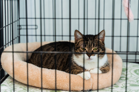 Cat housed in an animal shelter crate. Calm tabby cat resting inside pet adoption center cage. Cat...