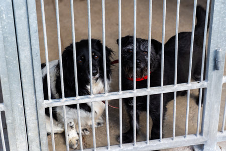 Two shelter dogs wait for adoption behind bars, bonded pair seeks forever family. Adopt rescue dogs. Shelter dogs need love and care. Homeless dogs waiting for adoption in shelter cagesの写真素材