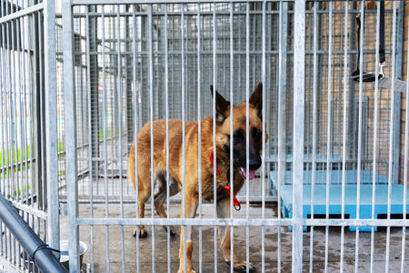 Dog behind bars in animal shelter, hoping for adoption. Homeless brown dog in kennel. Shelter life of brown dog. Abandoned dog in rescue shelter, brown fur, loyal heart. Adopt, rescue, loveの写真素材