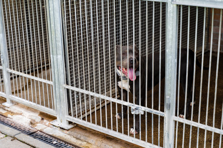 Abandoned dog behind bars, shelter life is tough. Shelter dog waits for home. Lonely dog waiting for adoption in a shelter kennel. Sad dog in an animal shelter cageの写真素材