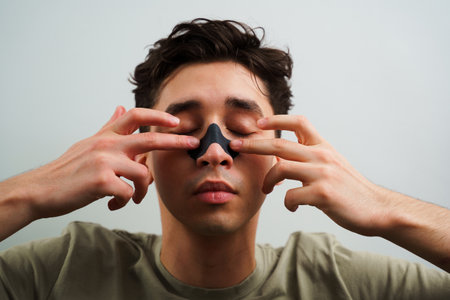 Young guy applying charcoal nose strip for deep nose pores cleaning. Male beauty and skincare conceptの写真素材