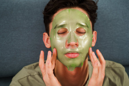 Man takes on hydrating face mask for anti-aging care. Anti wrinkle procedure with green face mask at homeの写真素材