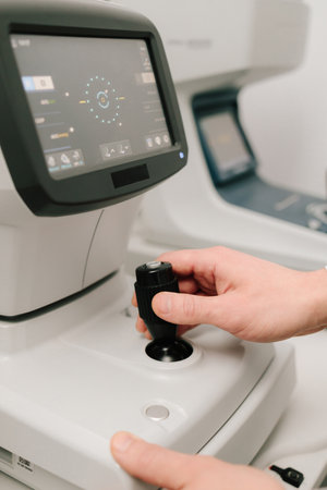 A close-up of an optometrist adjusting an autorefractor during an eye exam. Autorefractor provides...