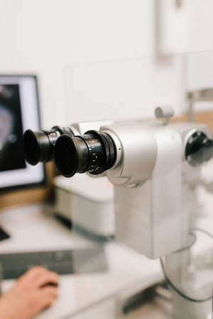 Slit lamp to diagnose the eyes and cornea. Slit lamp for ophthalmologist for examination eye and cornea of patientの写真素材