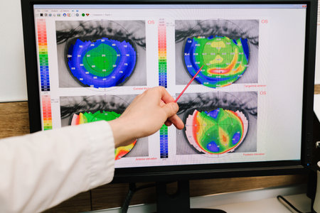 Diagnosis of the cornea and eyes in ophthalmology clinic. Ophthalmologist is showing corneal topography scan to girl patient near slit lampの写真素材