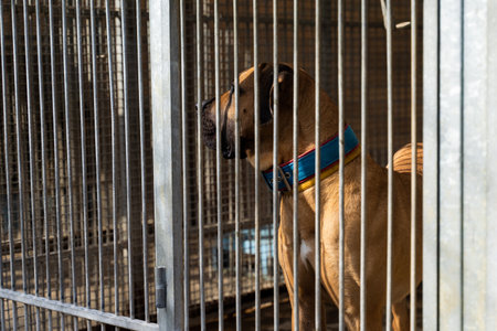 Homeless dog waiting for adoption in shelter cages. Shelter dog wait for adoption behind bars. Adopt rescue dogs. Shelter dog need love and careの写真素材