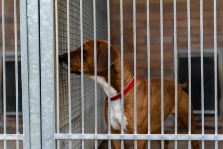 Dog behind bars in animal shelter, hoping for adoption. Homeless brown dog in kennel. Shelter life of brown dog. Abandoned dog in rescue shelter, brown fur, loyal heart. Adopt, rescue, loveの写真素材