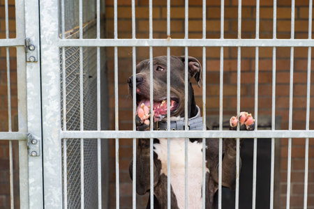 Abandoned dog behind bars, shelter life is tough. Shelter dog waits for home. Lonely dog waiting for adoption in a shelter kennel. Sad dog in an animal shelter cageの写真素材