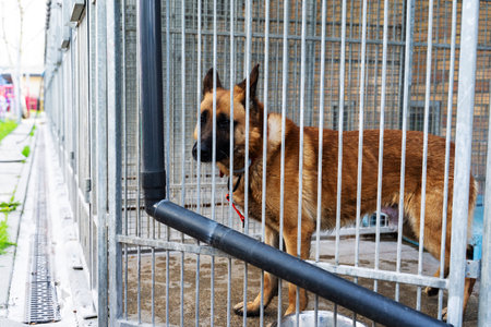 Shelter life of brown dog. Abandoned dog in rescue shelter, brown fur, loyal heart. Adopt, rescue, love. Dog behind bars in animal shelter, hoping for adoption. Homeless brown dog in kennelの写真素材